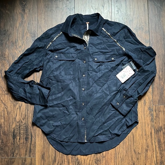 Free People Campus Button Down Navy Blue Top - Picture 4 of 9